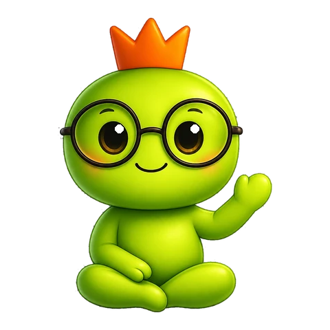 Gladi, das freundliche grüne Maskottchen mit Brille und Krone, winkt