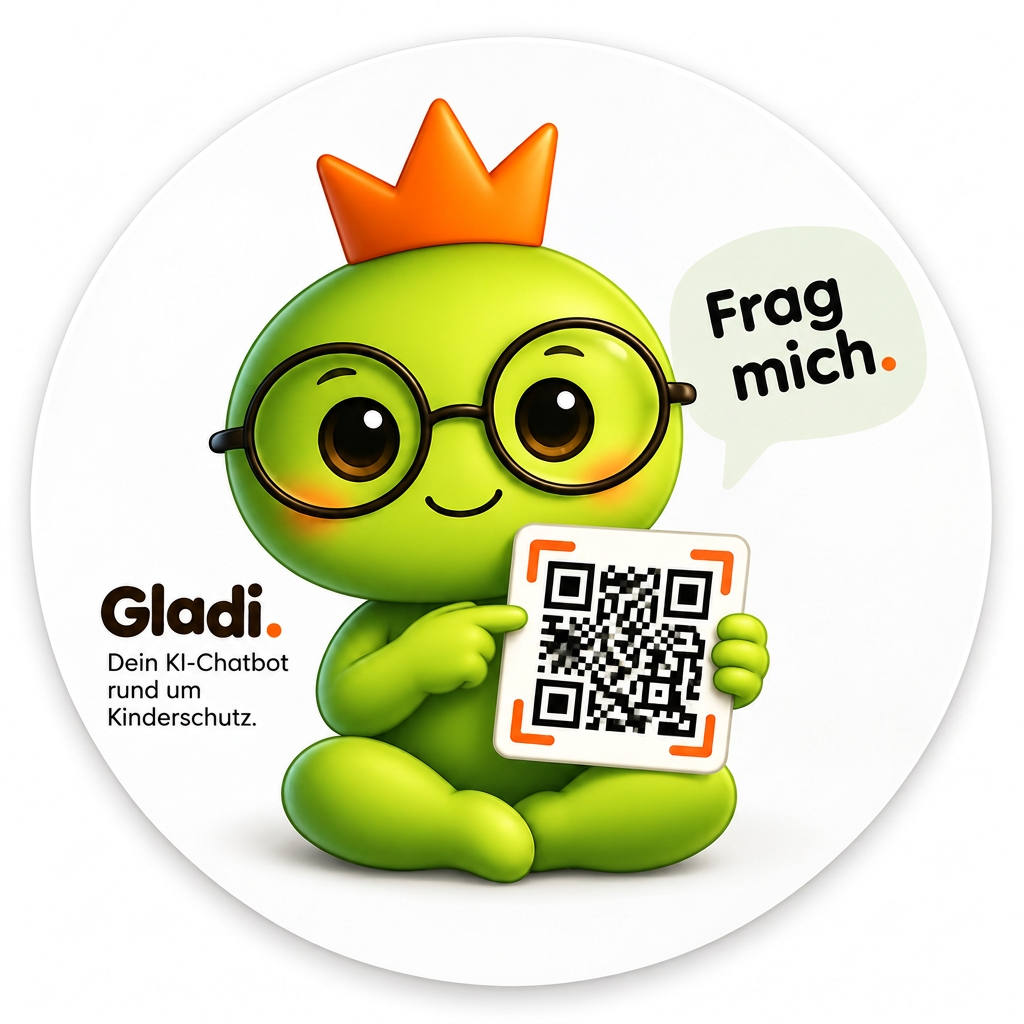 Runder GLADI-Aufkleber oder Button mit Schriftzug „Frag mich.“ und QR-Code