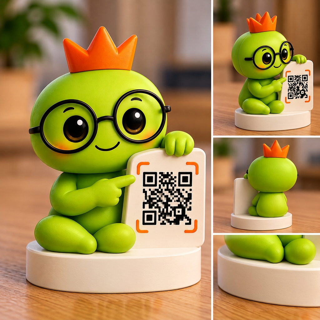 Produktentwurf einer grünen GLADI-Figur mit Brille, Krone und QR-Code-Aufsteller