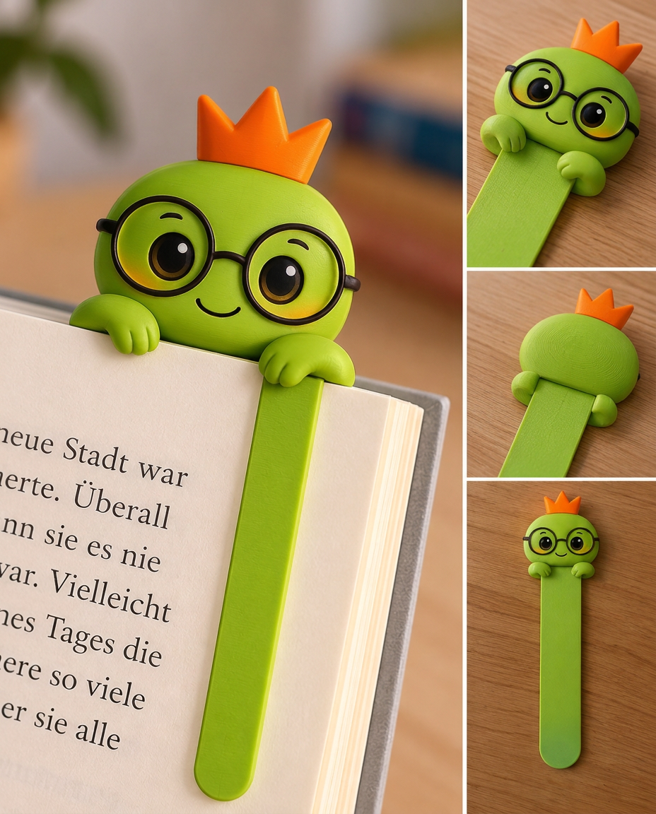 Produktentwurf eines grünen GLADI-Lesezeichens in mehreren Ansichten