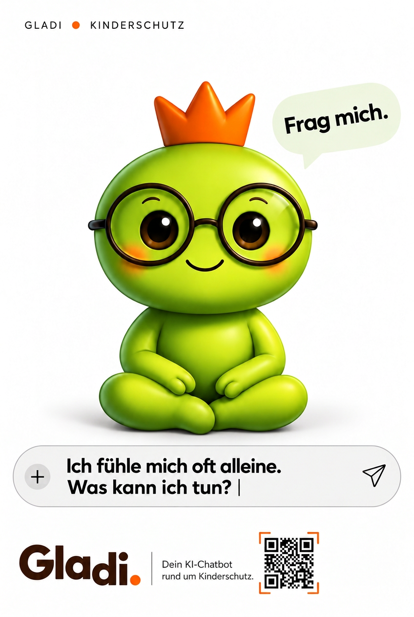 GLADI-Plakatmotiv mit der Frage „Ich fühle mich oft alleine. Was kann ich tun?“ und QR-Code