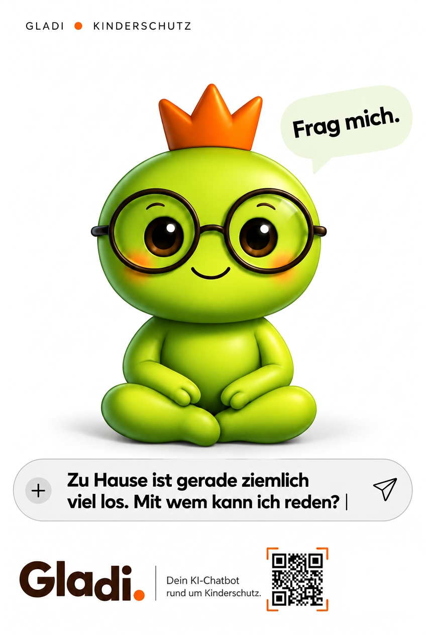 GLADI-Plakatmotiv mit der Frage „Zu Hause ist gerade ziemlich viel los. Mit wem kann ich reden?“ und QR-Code